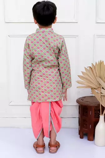 Twisha boys full sleeves printed kurta with dhoti pants set - grey & coral