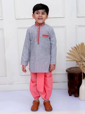 Twisha boys full sleeves stripes kurta with dhoti pants set - grey & coral 1