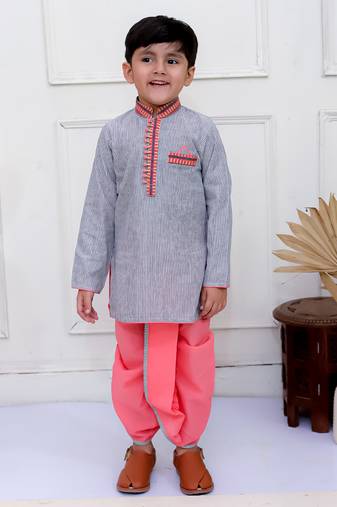 Twisha boys full sleeves stripes kurta with dhoti pants set - grey & coral