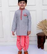 Twisha boys full sleeves stripes kurta with dhoti pants set - grey & coral