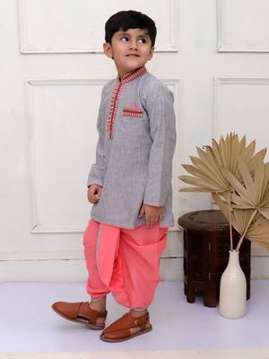 Twisha boys full sleeves stripes kurta with dhoti pants set - grey & coral 2
