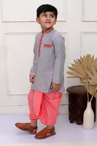 Twisha boys full sleeves stripes kurta with dhoti pants set - grey & coral