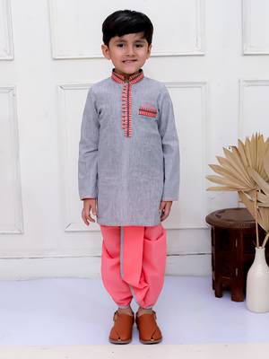 Twisha boys full sleeves stripes kurta with dhoti pants set - grey & coral 3