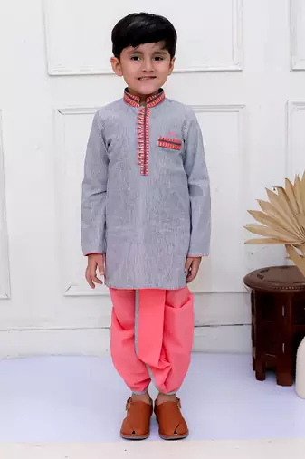 Twisha boys full sleeves stripes kurta with dhoti pants set - grey & coral