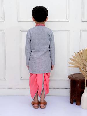 Twisha boys full sleeves stripes kurta with dhoti pants set - grey & coral 4