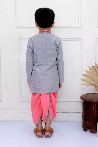 Twisha boys full sleeves stripes kurta with dhoti pants set - grey & coral