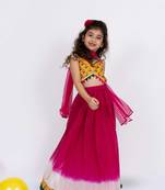 Twisha sleeveless printed top with ghagra set - yellow & pink