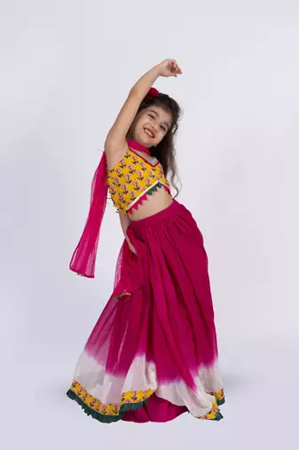 Twisha sleeveless printed top with ghagra set - yellow & pink
