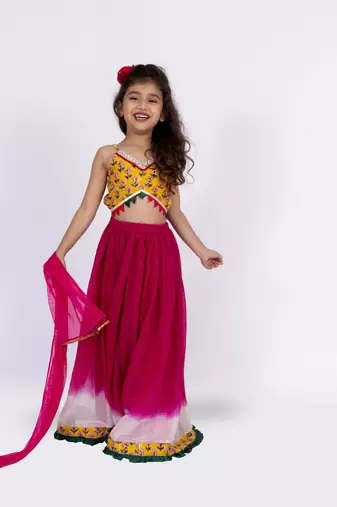 Twisha sleeveless printed top with ghagra set - yellow & pink