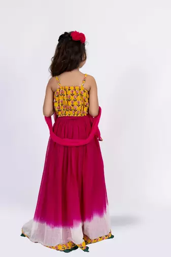 Twisha sleeveless printed top with ghagra set - yellow & pink