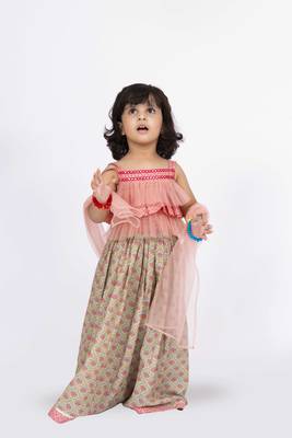 Twisha strappy frilled top with ghagra set - coral & grey 1