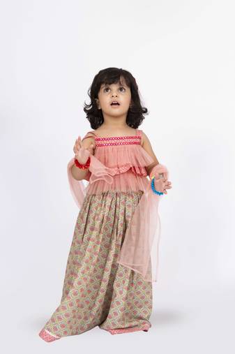 Twisha strappy frilled top with ghagra set - coral & grey