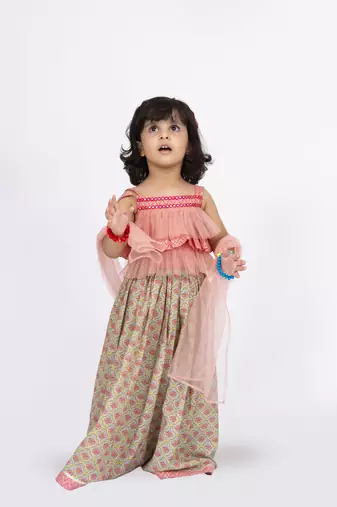 Twisha strappy frilled top with ghagra set - coral & grey