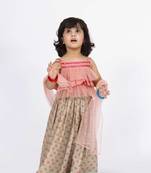 Twisha strappy frilled top with ghagra set - coral & grey