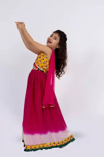 Twisha sleeveless printed top with ghagra set - yellow & pink