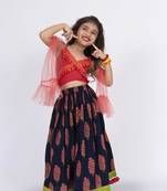 Twisha strppy crisscrossed  frilled top with ghagra set - pink & blue