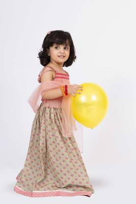 Twisha strappy frilled top with ghagra set - coral & grey 3