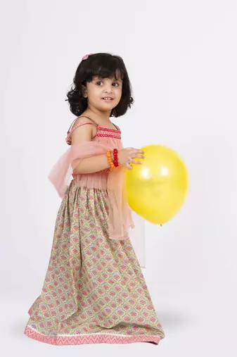 Twisha strappy frilled top with ghagra set - coral & grey