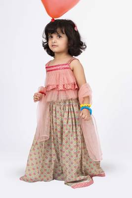 Twisha strappy frilled top with ghagra set - coral & grey 4
