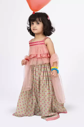 Twisha strappy frilled top with ghagra set - coral & grey