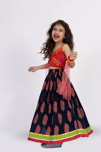 Twisha strppy crisscrossed  frilled top with ghagra set - pink & blue