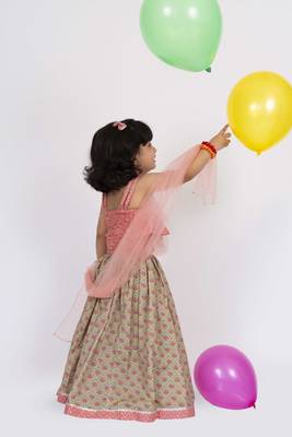 Twisha strappy frilled top with ghagra set - coral & grey 5