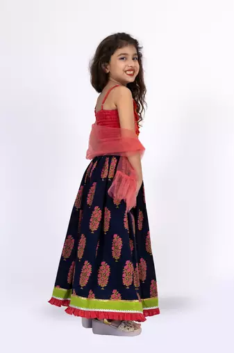 Twisha strppy crisscrossed  frilled top with ghagra set - pink & blue
