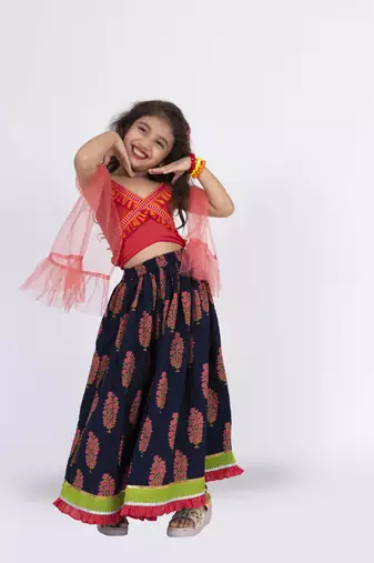 Twisha strppy crisscrossed  frilled top with ghagra set - pink & blue