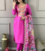 Pink viscosee chanderi embroidery work with printed graceful festive wear readymade salwar kameez