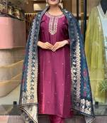 Burgundy viscose rayon designer embroidery work with printed festive wear salwar suit