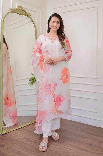 White organza printed with designer embroidery work traditional wear readymade salwar kameez for trendy looks