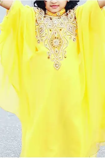 Yellow Georgette Stone Work Party Wear Kaftan Dress for Girls