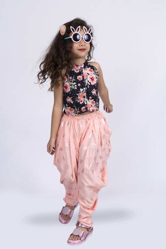 Twisha incut sleeve printed top with dhoti set - black & peach