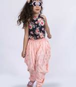 Twisha incut sleeve printed top with dhoti set - black & peach