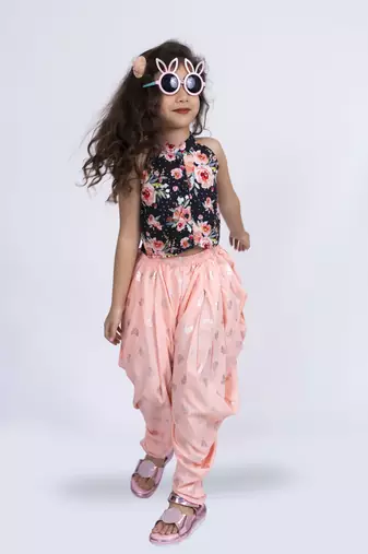Twisha incut sleeve printed top with dhoti set - black & peach