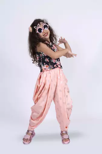 Twisha incut sleeve printed top with dhoti set - black & peach