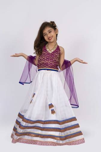 Twisha girls brocade halter neck top with ghaghra-majenta & off white