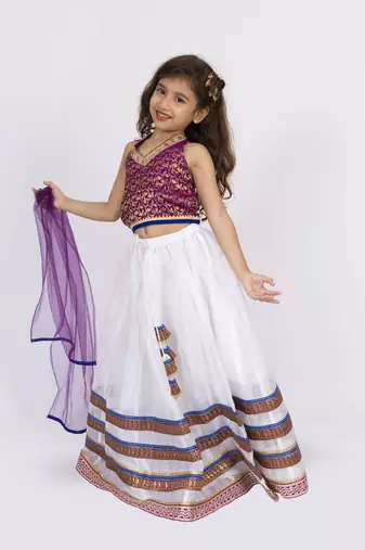 Twisha girls brocade halter neck top with ghaghra-majenta & off white