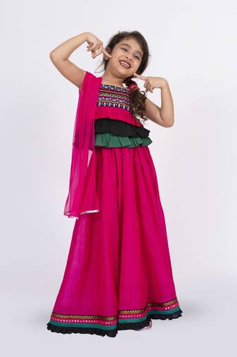 Twisha strappy frilled top with ghagra set - black & pink