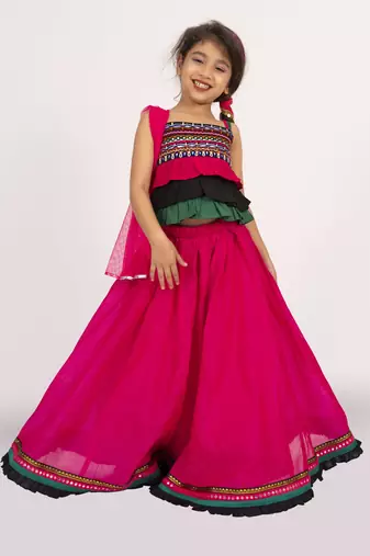 Twisha strappy frilled top with ghagra set - black & pink