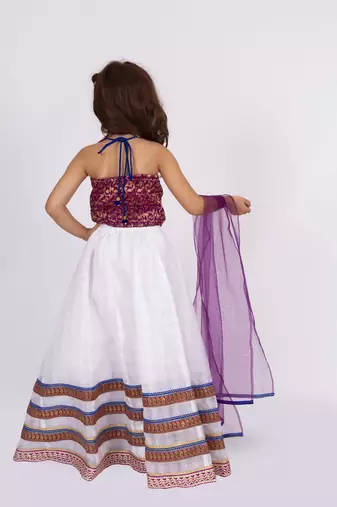 Twisha girls brocade halter neck top with ghaghra-majenta & off white