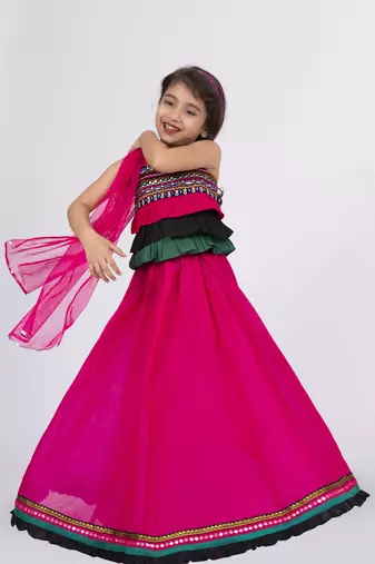 Twisha strappy frilled top with ghagra set - black & pink