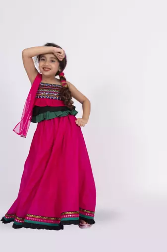Twisha strappy frilled top with ghagra set - black & pink
