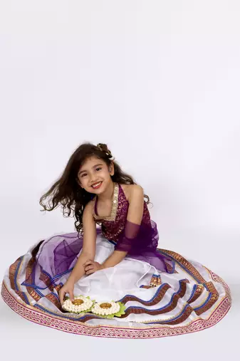 Twisha girls brocade halter neck top with ghaghra-majenta & off white