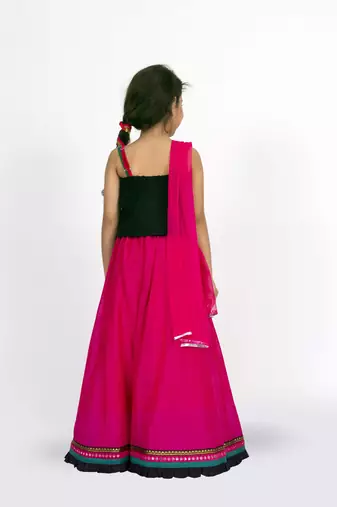 Twisha strappy frilled top with ghagra set - black & pink