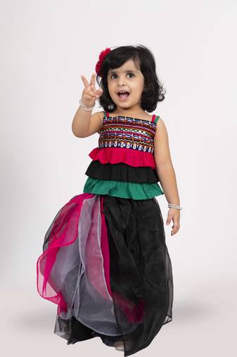 Twisha strappy frilled embroidered top with ghagra set - black & pink