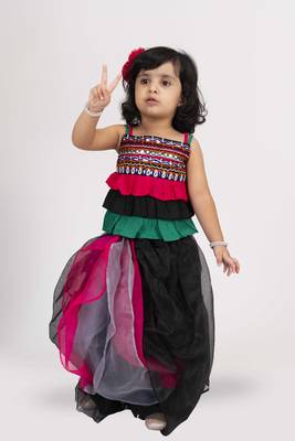 Twisha strappy frilled embroidered top with ghagra set - black & pink 3