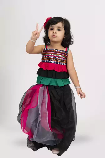 Twisha strappy frilled embroidered top with ghagra set - black & pink