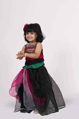 Twisha strappy frilled embroidered top with ghagra set - black & pink 4