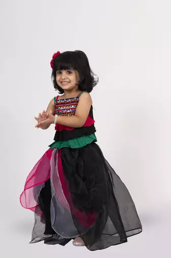 Twisha strappy frilled embroidered top with ghagra set - black & pink